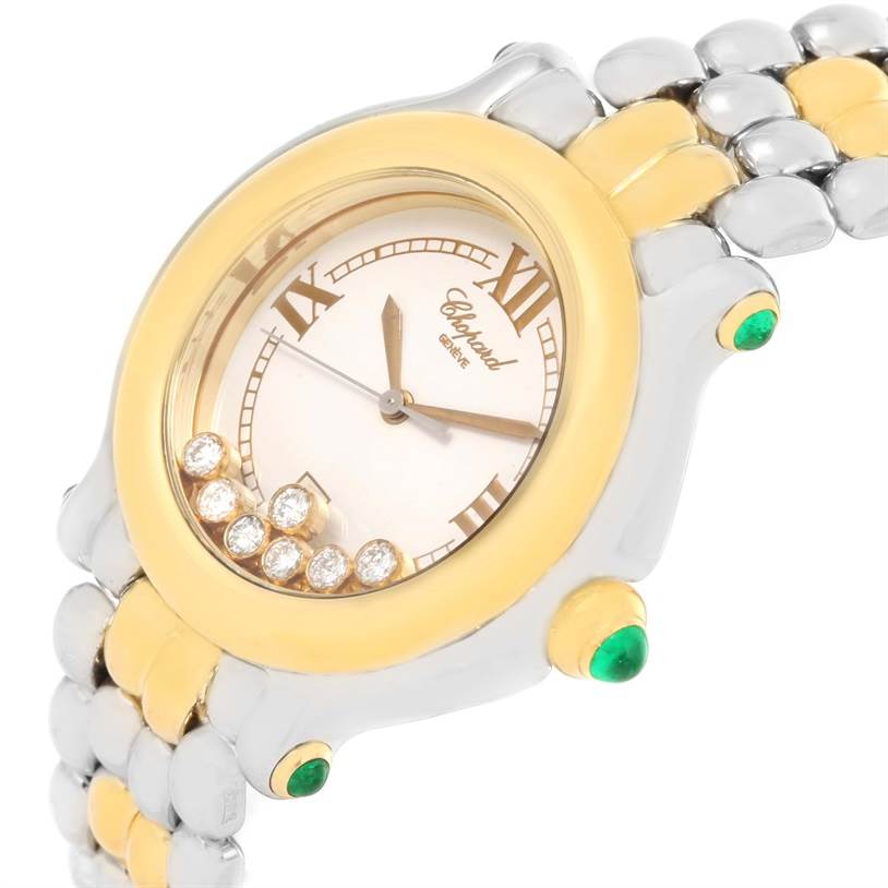 The Chopard 27/8276-22 Women's Steel and Gold (two tone) White Dial 27/8276-22 Women's Steel and Gold (two tone) White Dial Happy Sport Floating Diamond Gold and Steel Watch 27/8276-22 is shown at an angle highlighting the face, bezel, and part of the band.