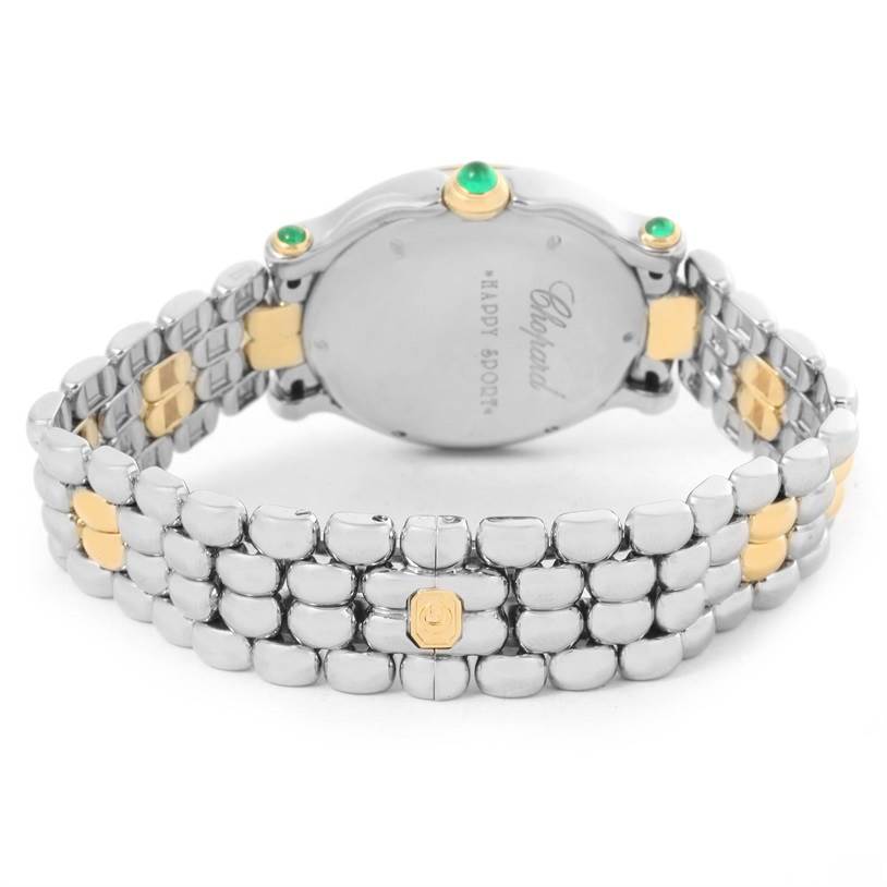 The Chopard 27/8276-22 Women's Steel and Gold (two tone) White Dial 27/8276-22 Women's Steel and Gold (two tone) White Dial Happy Sport Floating Diamond Gold and Steel Watch model 27/8276-22 is shown from the back, highlighting the bracelet and case back.