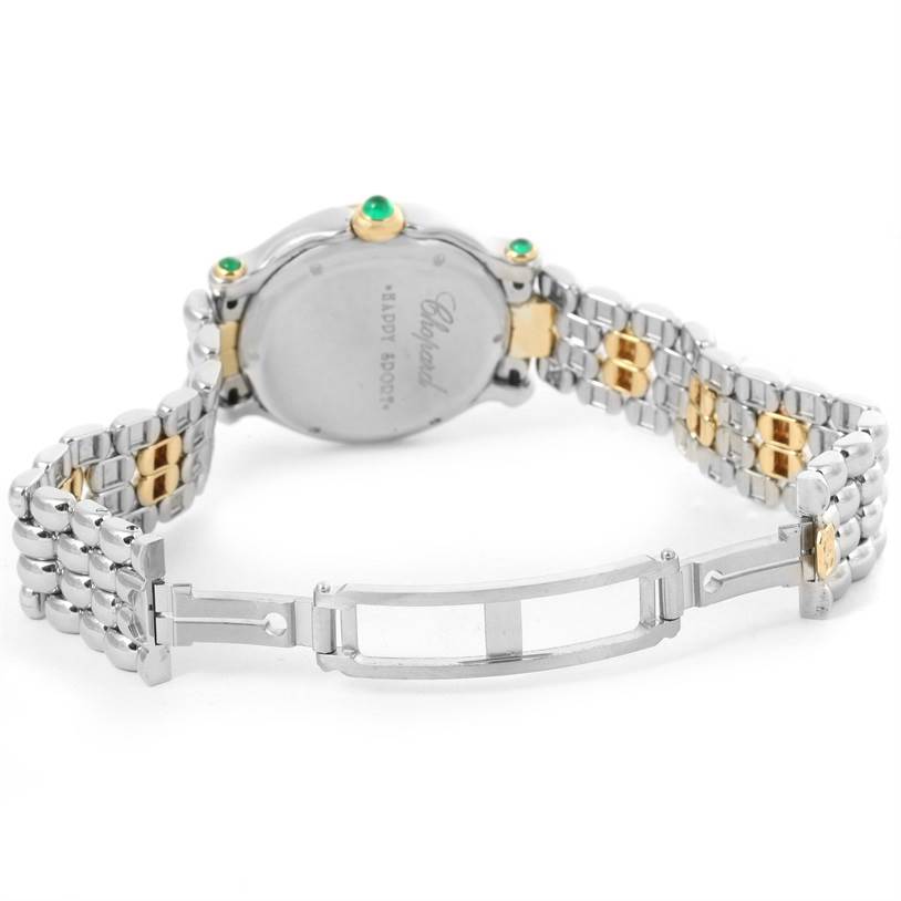 The image shows the backside and bracelet of the Chopard 27/8276-22 Women's Steel and Gold (two tone) White Dial 27/8276-22 Women's Steel and Gold (two tone) White Dial Happy Sport Floating Diamond Gold and Steel Watch model 27/8276-22.