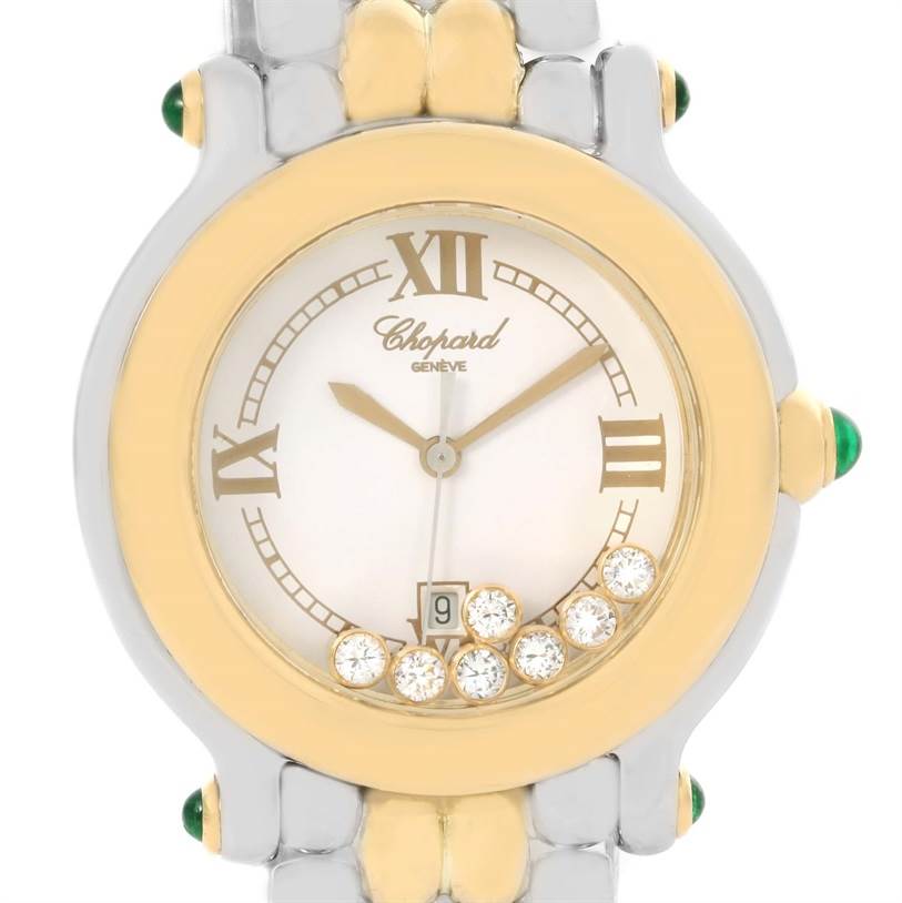 The image shows the dial and part of the band of the Chopard 27/8276-22 Women's Steel and Gold (two tone) White Dial 27/8276-22 Women's Steel and Gold (two tone) White Dial Happy Sport Floating Diamond Gold and Steel Watch 27/8276-22.