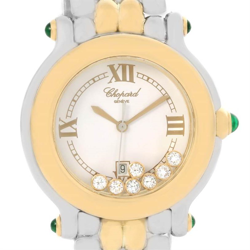 The image shows the dial and part of the band of the Chopard Happy Sport Floating Diamond Gold and Steel Watch 27/8276-22.