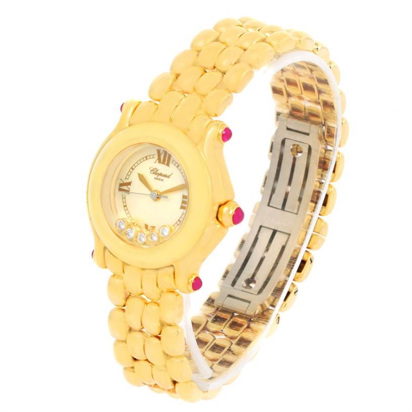 The image shows a Chopard 27/6150-21 Women's Yellow Gold White Dial 27/6150-21 Women's Yellow Gold White Dial Happy Sport Yellow Gold Floating Diamonds Watch model 27/6150-21 at a three-quarter angle, highlighting the face and band.