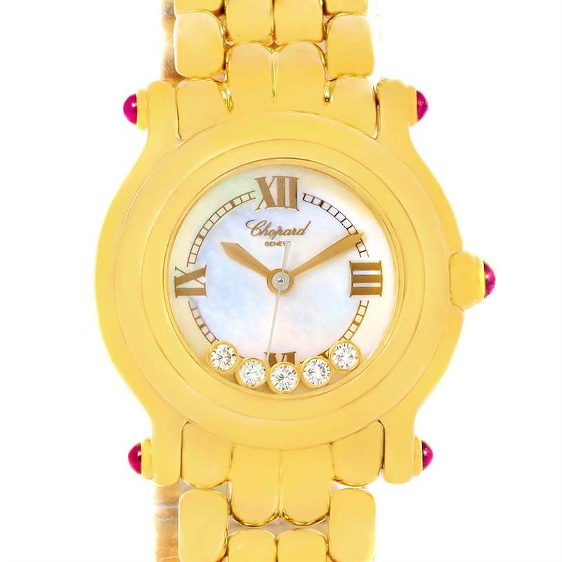 The image shows a front view of the Chopard Happy Sport Yellow Gold Floating Diamonds Watch 27/6150-21, highlighting its gold dial and floating diamonds.