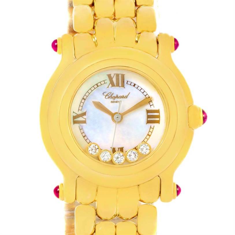 The image shows a front view of the Chopard 27/6150-21 Women's Yellow Gold White Dial 27/6150-21 Women's Yellow Gold White Dial Happy Sport Yellow Gold Floating Diamonds Watch 27/6150-21, highlighting its gold dial and floating diamonds.