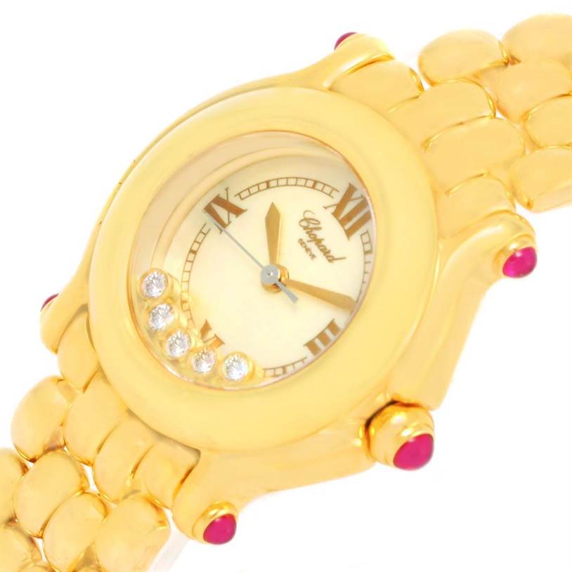 The Chopard 27/6150-21 Women's Yellow Gold White Dial 27/6150-21 Women's Yellow Gold White Dial Happy Sport Yellow Gold Floating Diamonds Watch model 27/6150-21 is shown at an angle highlighting the dial and a section of the bracelet.