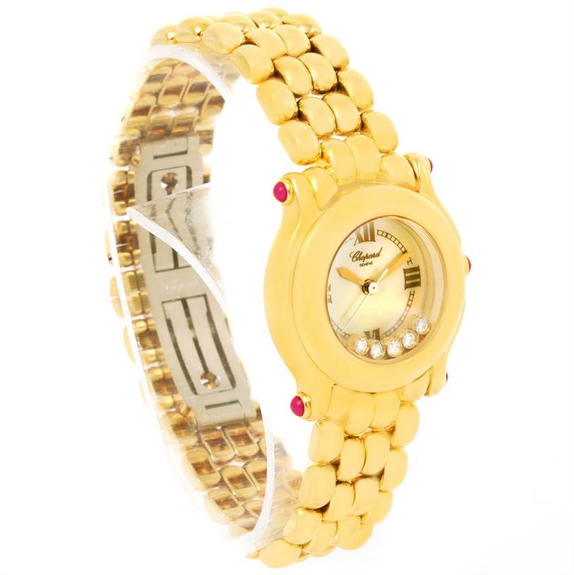 The image shows a side angle of a Chopard 27/6150-21 Women's Yellow Gold White Dial 27/6150-21 Women's Yellow Gold White Dial Happy Sport Yellow Gold Floating Diamonds Watch 27/6150-21, highlighting the bracelet and face.