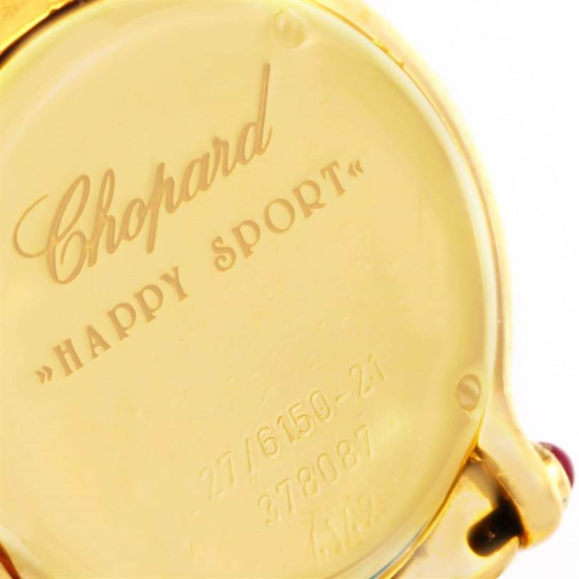 The image shows the back case of the Chopard 27/6150-21 Women's Yellow Gold White Dial 27/6150-21 Women's Yellow Gold White Dial Happy Sport Yellow Gold Floating Diamonds Watch model 27/6150-21.