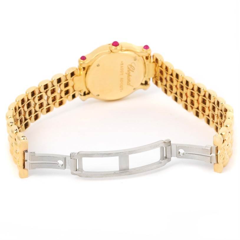 The image shows the back view of a Chopard 27/6150-21 Women's Yellow Gold White Dial 27/6150-21 Women's Yellow Gold White Dial Happy Sport Yellow Gold Floating Diamonds Watch 27/6150-21 with an open clasp.