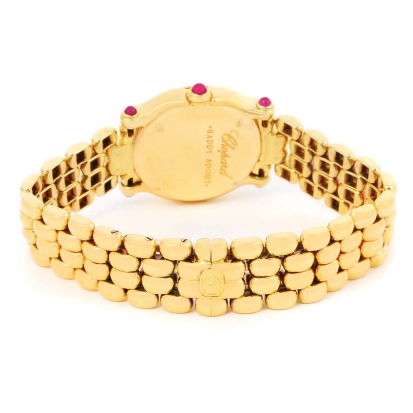 The image shows the back of the Chopard 27/6150-21 Women's Yellow Gold White Dial 27/6150-21 Women's Yellow Gold White Dial Happy Sport Yellow Gold Floating Diamonds Watch 27/6150-21, displaying the bracelet and case back.