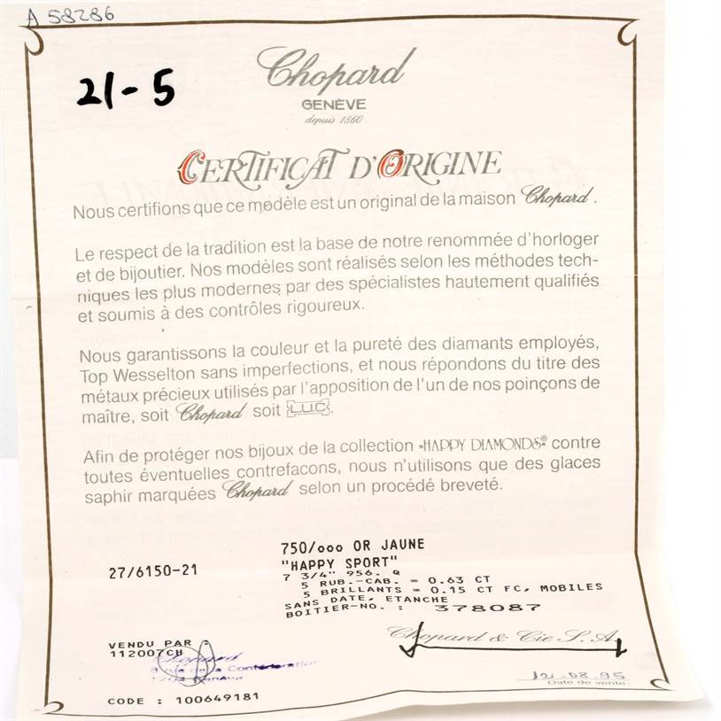 This image shows the authentication certificate for the Chopard 27/6150-21 Women's Yellow Gold White Dial 27/6150-21 Women's Yellow Gold White Dial Happy Sport Yellow Gold Floating Diamonds Watch, model 27/6150-21.