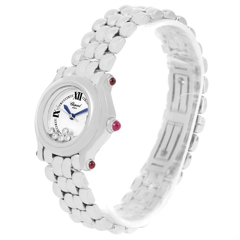The image shows a Chopard 27/8250-21 Women's Stainless Steel White Dial 27/8250-21 Women's Stainless Steel White Dial Happy Sport White Dial 5 Floating Diamonds Watch 27/8250-21 at an angle highlighting the dial and bracelet.