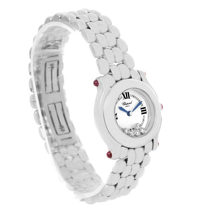 The image shows a side angle of the Chopard 27/8250-21 Women's Stainless Steel White Dial 27/8250-21 Women's Stainless Steel White Dial Happy Sport 27/8250-21 with a white dial, blue hands, Roman numerals, and floating diamonds.