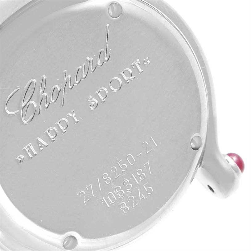 This image shows the back case detailing of the Chopard 27/8250-21 Women's Stainless Steel White Dial 27/8250-21 Women's Stainless Steel White Dial Happy Sport White Dial 5 Floating Diamonds Watch 27/8250-21 model.