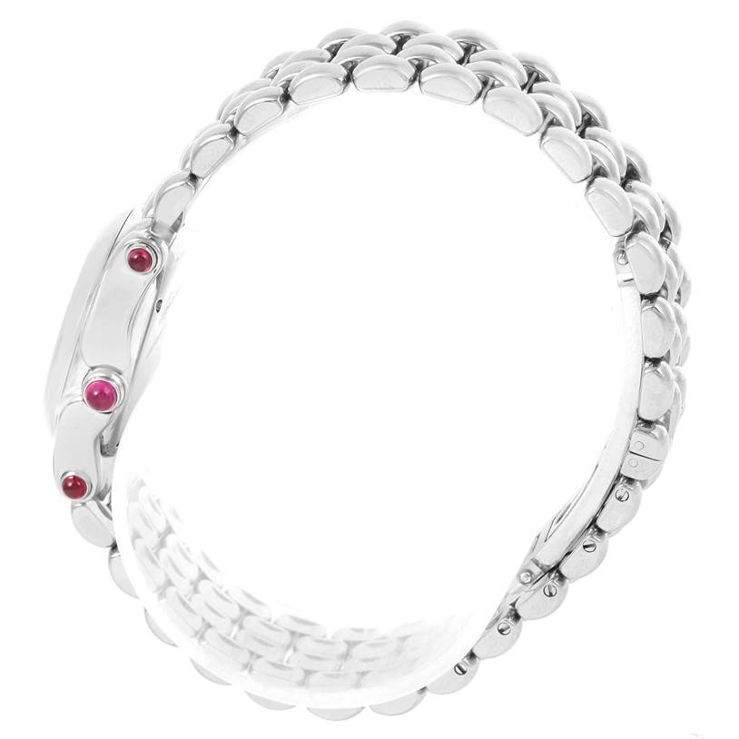 This image shows a side view of the metal strap and bezel of a Chopard 27/8250-21 Women's Stainless Steel White Dial 27/8250-21 Women's Stainless Steel White Dial Happy Sport 27/8250-21 watch, highlighting its red cabochon crown.