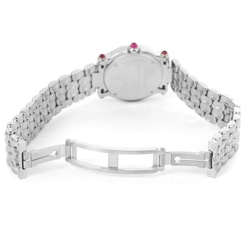The image shows the opened bracelet and case back of the Chopard 27/8250-21 Women's Stainless Steel White Dial 27/8250-21 Women's Stainless Steel White Dial Happy Sport White Dial 5 Floating Diamonds Watch model 27/8250-21.