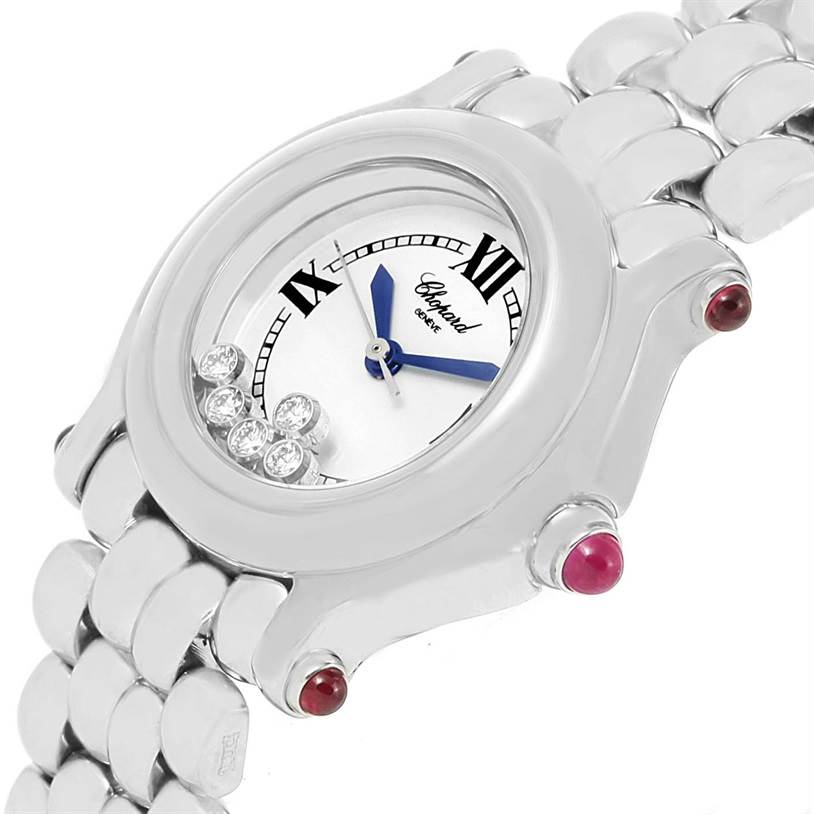 The image shows a Chopard 27/8250-21 Women's Stainless Steel White Dial 27/8250-21 Women's Stainless Steel White Dial Happy Sport White Dial 5 Floating Diamonds Watch 27/8250-21 from a slight side angle highlighting the dial, strap, and bezel.