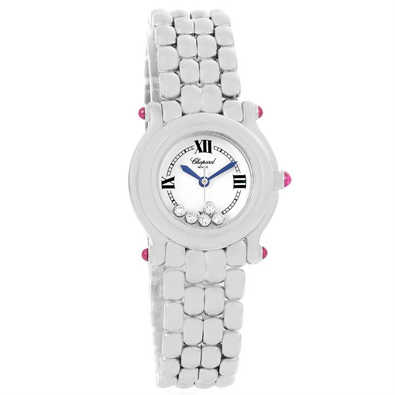 The image shows a frontal view of the Chopard 27/8250-21 Women's Stainless Steel White Dial 27/8250-21 Women's Stainless Steel White Dial Happy Sport White Dial 5 Floating Diamonds Watch 27/8250-21.