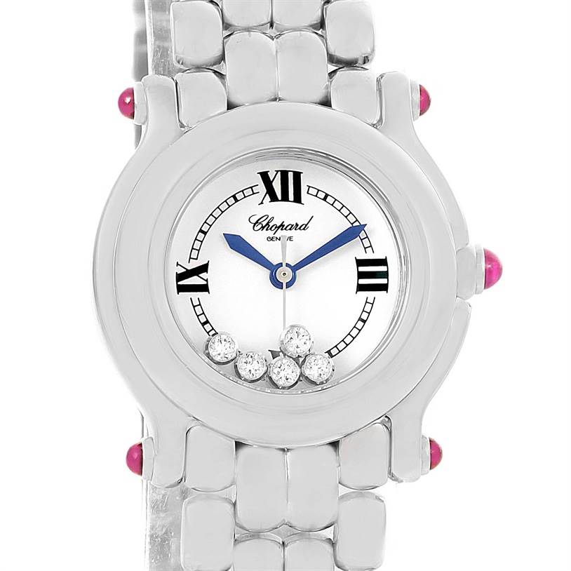 The Chopard 27/8250-21 Women's Stainless Steel White Dial 27/8250-21 Women's Stainless Steel White Dial Happy Sport White Dial 5 Floating Diamonds Watch 27/8250-21 is shown from a front angle, highlighting the dial and bracelet.