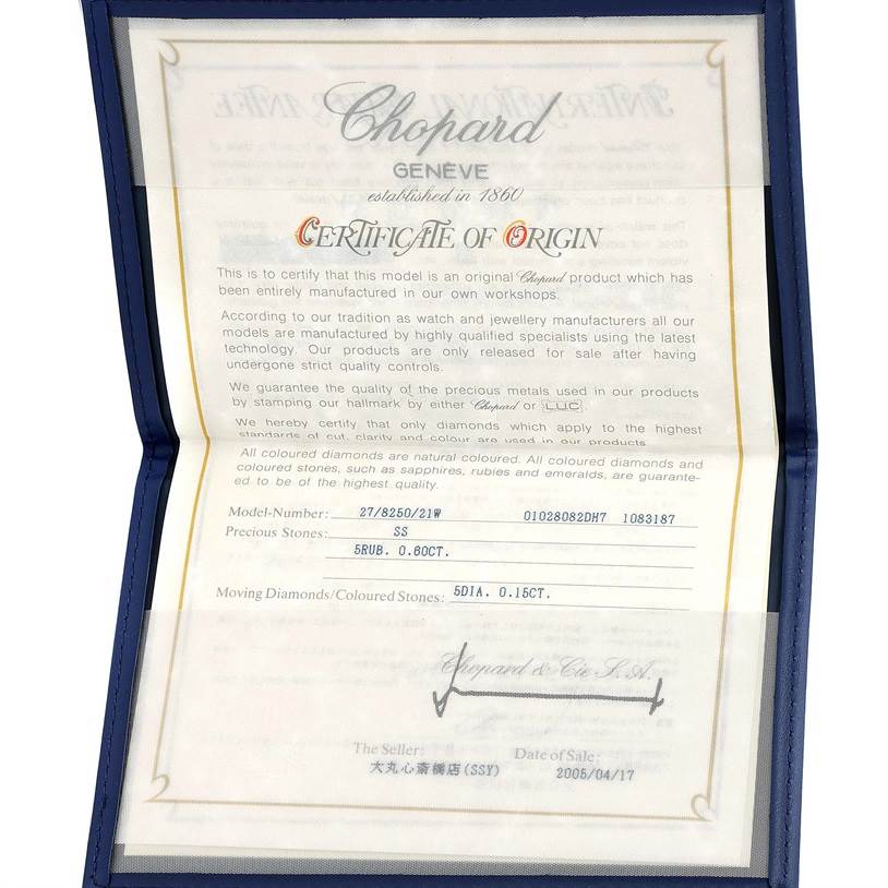 The image shows the Certificate of Origin for the Chopard 27/8250-21 Women's Stainless Steel White Dial 27/8250-21 Women's Stainless Steel White Dial Happy Sport White Dial 5 Floating Diamonds Watch, model 27/8250-21.