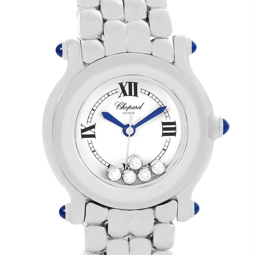 This is a frontal view of the Chopard 27-8250 Women's Stainless Steel White Dial 27-8250 Women's Stainless Steel White Dial Happy Sport 5 Floating Diamonds Steel Ladies Watch 27-8250, highlighting the dial and floating diamonds.