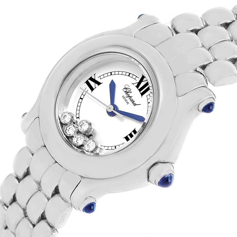 The image shows an angled view of the Happy Sport 5 Floating Diamonds Steel Ladies Watch 27-8250 by Chopard 27-8250 Women's Stainless Steel White Dial 27-8250 Women's Stainless Steel White Dial, highlighting the floating diamonds and band.