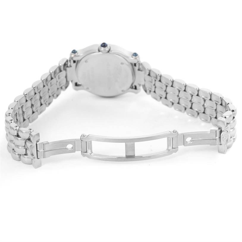 This image shows the back and bracelet clasp of the Chopard 27-8250 Women's Stainless Steel White Dial 27-8250 Women's Stainless Steel White Dial Happy Sport 5 Floating Diamonds Steel Ladies Watch model 27-8250.
