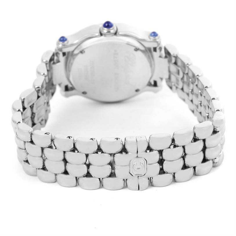 This image shows the back view of the Chopard 27-8250 Women's Stainless Steel White Dial 27-8250 Women's Stainless Steel White Dial Happy Sport 5 Floating Diamonds Steel Ladies Watch 27-8250, focusing on the bracelet and case back.