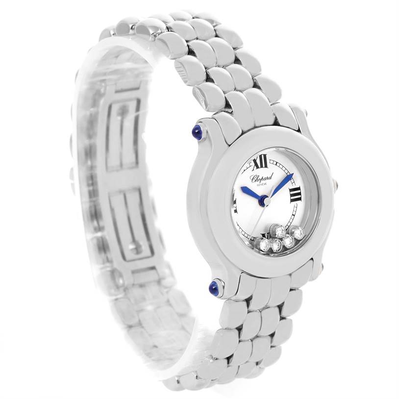 The image shows a Chopard 27-8250 Women's Stainless Steel White Dial 27-8250 Women's Stainless Steel White Dial Happy Sport 5 Floating Diamonds Steel Ladies Watch 27-8250 from an angled side view, highlighting the face and bracelet.