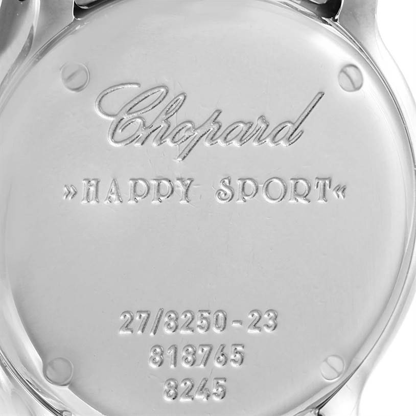 This image shows the back case of the Chopard 27-8250 Women's Stainless Steel White Dial 27-8250 Women's Stainless Steel White Dial Happy Sport 5 Floating Diamonds Steel Ladies Watch model 27-8250.