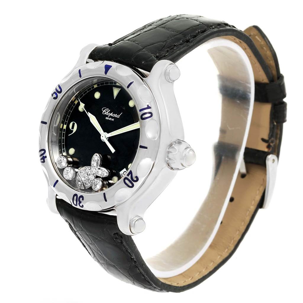 This image shows a side-angle view of the Chopard 288347 Women's Stainless Steel Black Dial 288347 Women's Stainless Steel Black Dial Happy Beach Floating Diamond Fish Ladies Watch, model 288347.