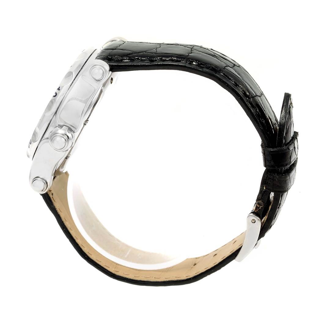 The Chopard 288347 Women's Stainless Steel Black Dial 288347 Women's Stainless Steel Black Dial Happy Beach Floating Diamond Fish Ladies Watch 288347 is shown from the side, displaying the case and black leather strap.