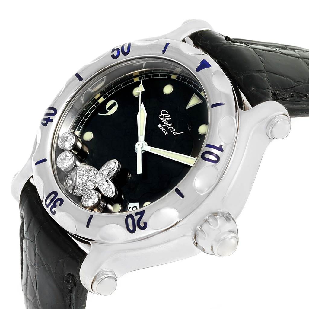 The image shows a close-up angle of the Chopard 288347 Women's Stainless Steel Black Dial 288347 Women's Stainless Steel Black Dial Happy Beach Floating Diamond Fish Ladies Watch 288347 model, highlighting the bezel, dial, and strap.