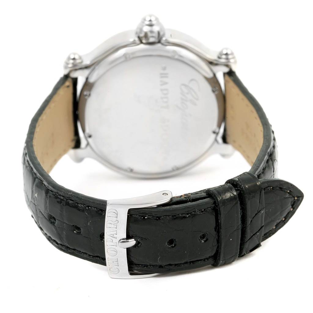 The image shows the back case and strap buckle of the Chopard 288347 Women's Stainless Steel Black Dial 288347 Women's Stainless Steel Black Dial Happy Beach Floating Diamond Fish Ladies Watch, model 288347.