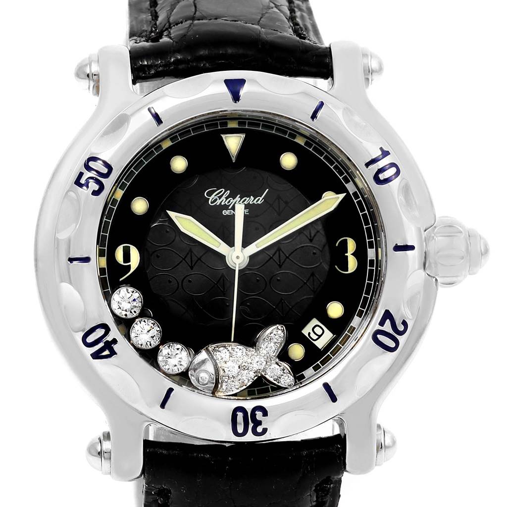 The image shows a front view of the Chopard 288347 Women's Stainless Steel Black Dial 288347 Women's Stainless Steel Black Dial Happy Beach Floating Diamond Fish Ladies Watch 288347 model, displaying the face and strap.