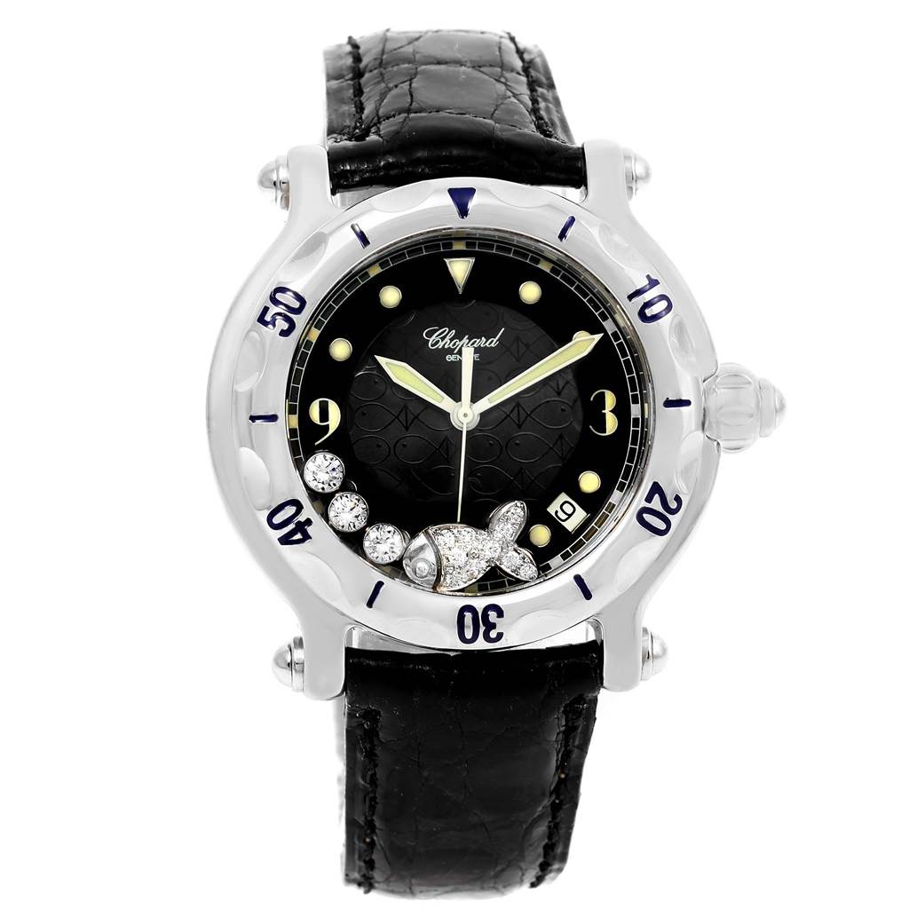 The image shows a frontal view of the Chopard 288347 Women's Stainless Steel Black Dial 288347 Women's Stainless Steel Black Dial Happy Beach Floating Diamond Fish Ladies Watch 288347 model.
