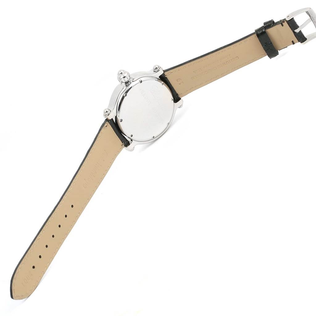 The image shows the back view of the Chopard 288347 Women's Stainless Steel Black Dial 288347 Women's Stainless Steel Black Dial Happy Beach Floating Diamond Fish Ladies Watch model 288347, displaying its case back and leather strap.