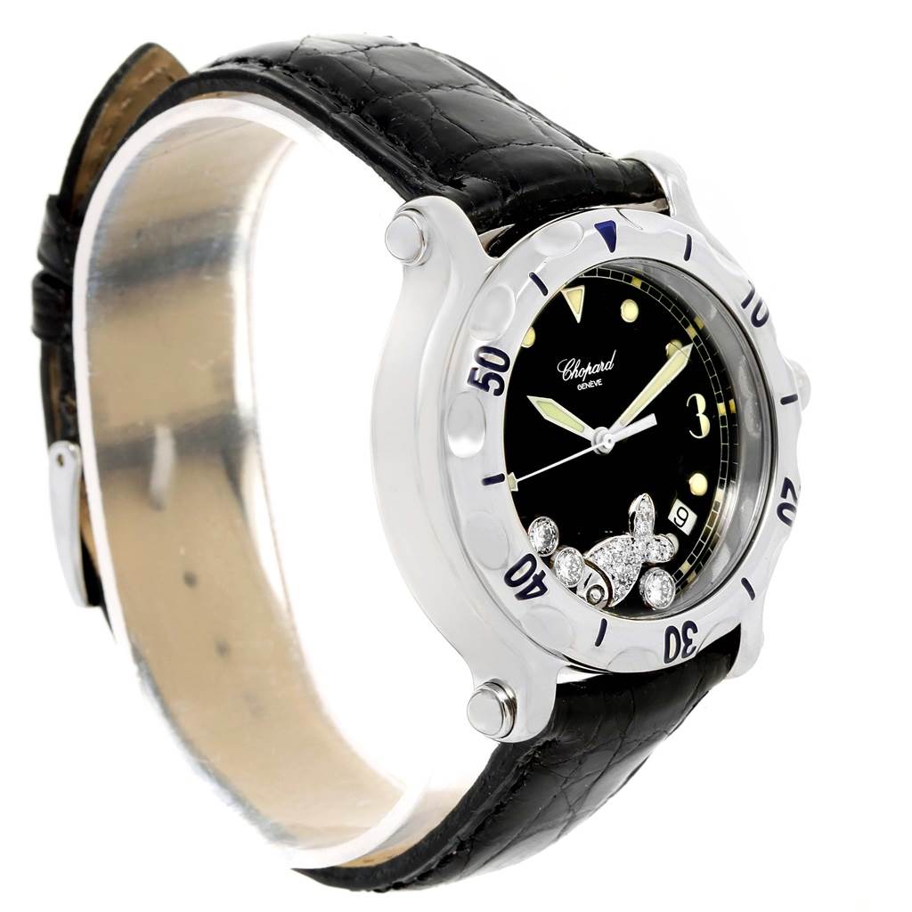 The Chopard 288347 Women's Stainless Steel Black Dial 288347 Women's Stainless Steel Black Dial Happy Beach Floating Diamond Fish Ladies Watch 288347 is shown at an angled view, highlighting the dial, bezel, and black leather strap.