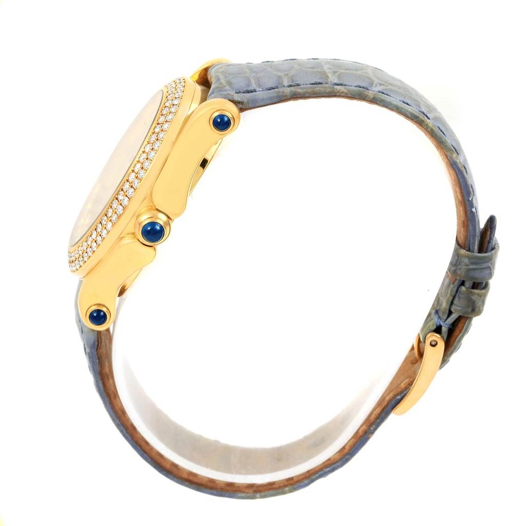 The image shows a side view of the Chopard 27/7012-23 Women's Yellow Gold White Dial 27/7012-23 Women's Yellow Gold White Dial Happy Diamond Yellow Gold Floating Diamonds Watch 27/7012-23, highlighting the case and strap.