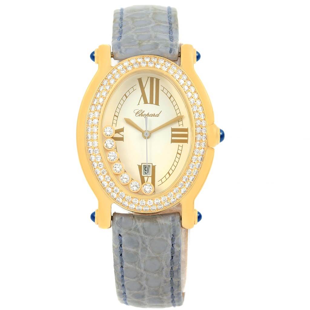 The image shows a front view of the Chopard 27/7012-23 Women's Yellow Gold White Dial 27/7012-23 Women's Yellow Gold White Dial Happy Diamond Yellow Gold Floating Diamonds Watch 27/7012-23, highlighting its face, strap, and diamond accents.
