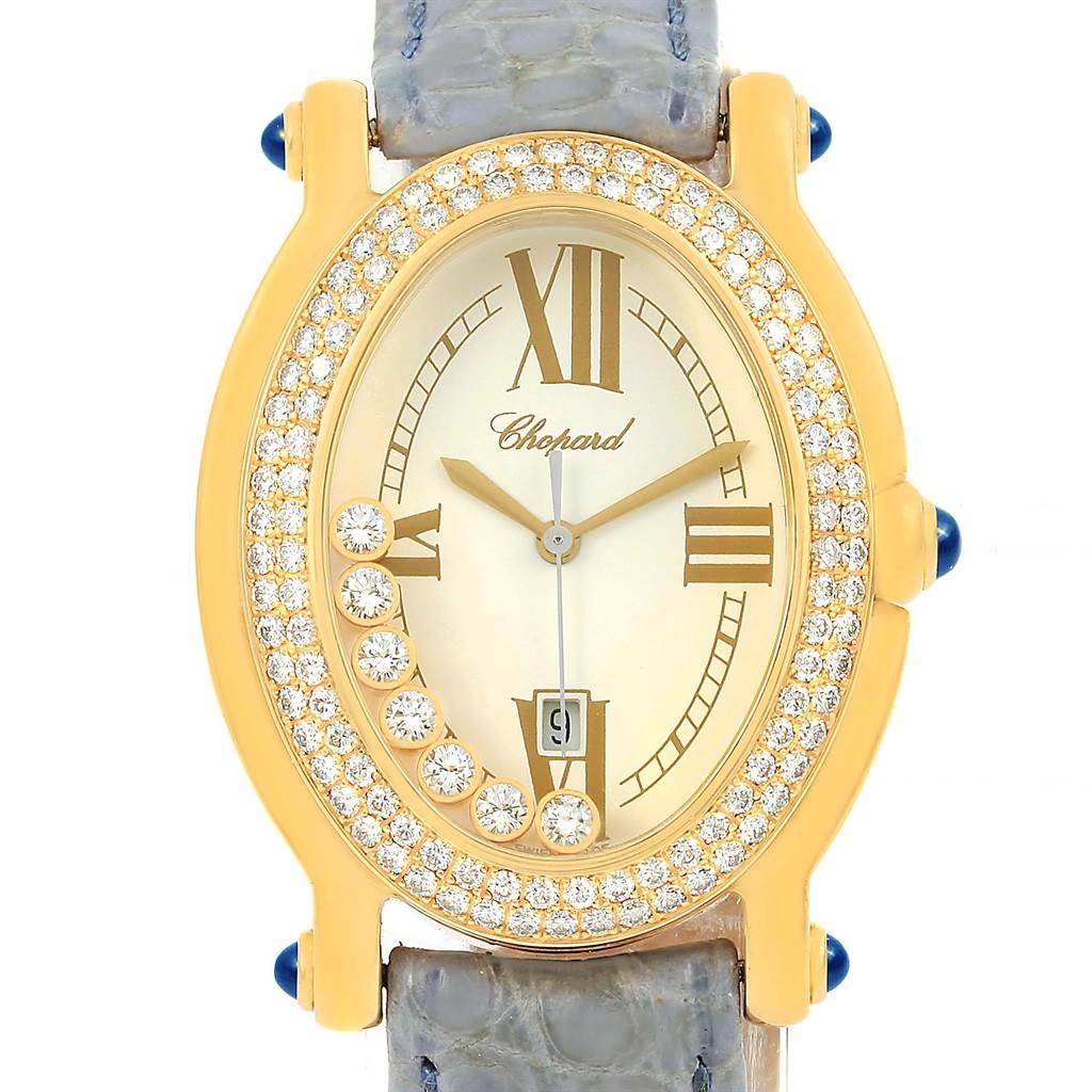 The image shows a front view of the Chopard 27/7012-23 Women's Yellow Gold White Dial 27/7012-23 Women's Yellow Gold White Dial Happy Diamond Yellow Gold Floating Diamonds Watch 27/7012-23, highlighting the face, dial, and bezel.
