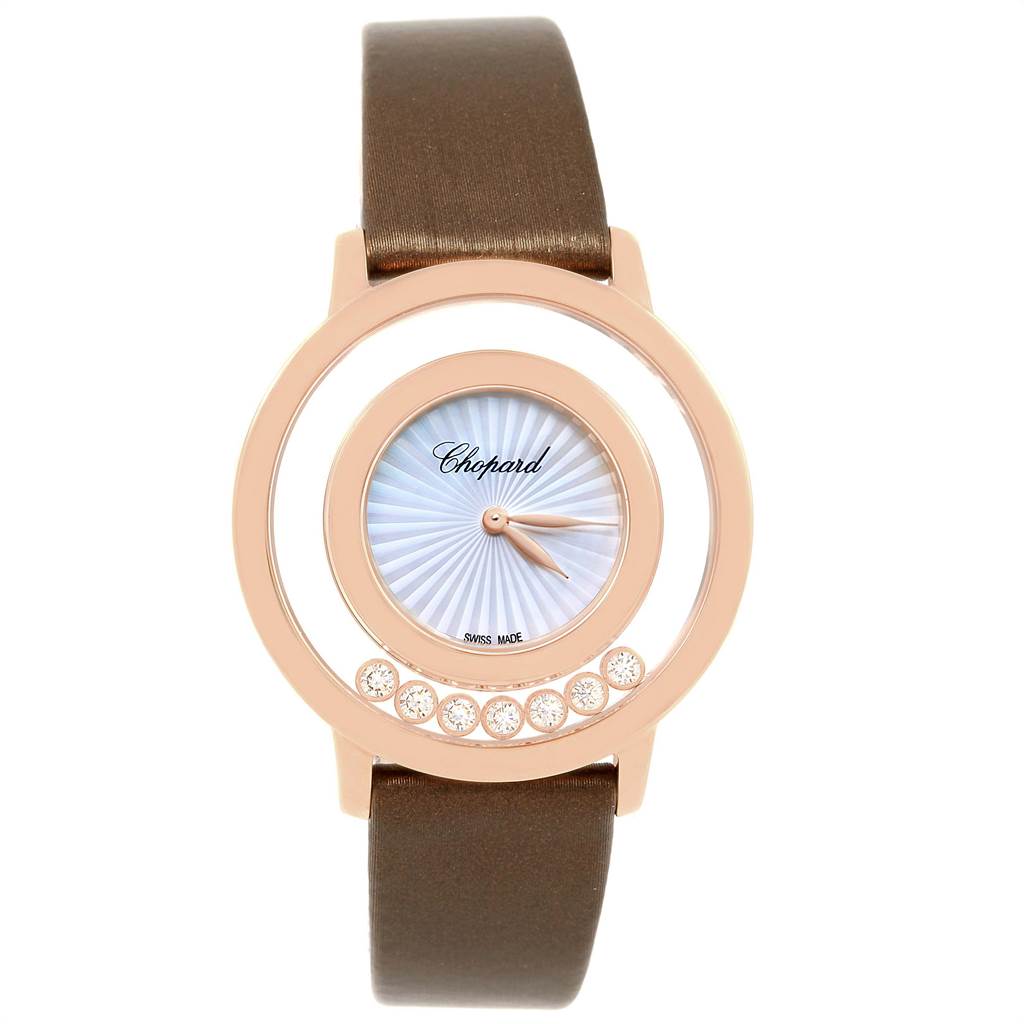 This image shows a front view of the Chopard 4596 Women's Rose Gold Mother of Pearl Dial 4596 Women's Rose Gold Mother of Pearl Dial Happy Diamond Rose Gold Floating Diamonds Watch 4596 model, highlighting the dial and diamonds.