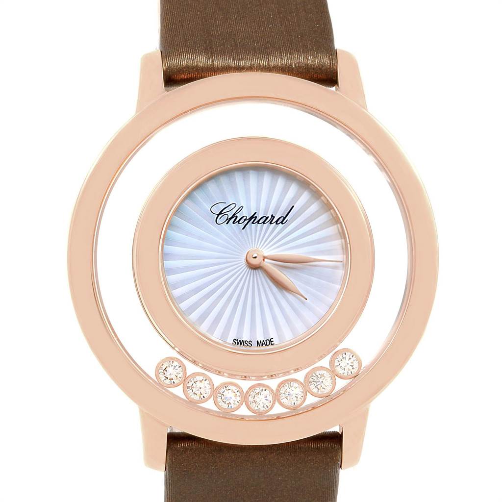 The image shows a front view of the Chopard 4596 Women's Rose Gold Mother of Pearl Dial 4596 Women's Rose Gold Mother of Pearl Dial Happy Diamond Rose Gold Floating Diamonds Watch 4596 model, highlighting its dial and floating diamonds.