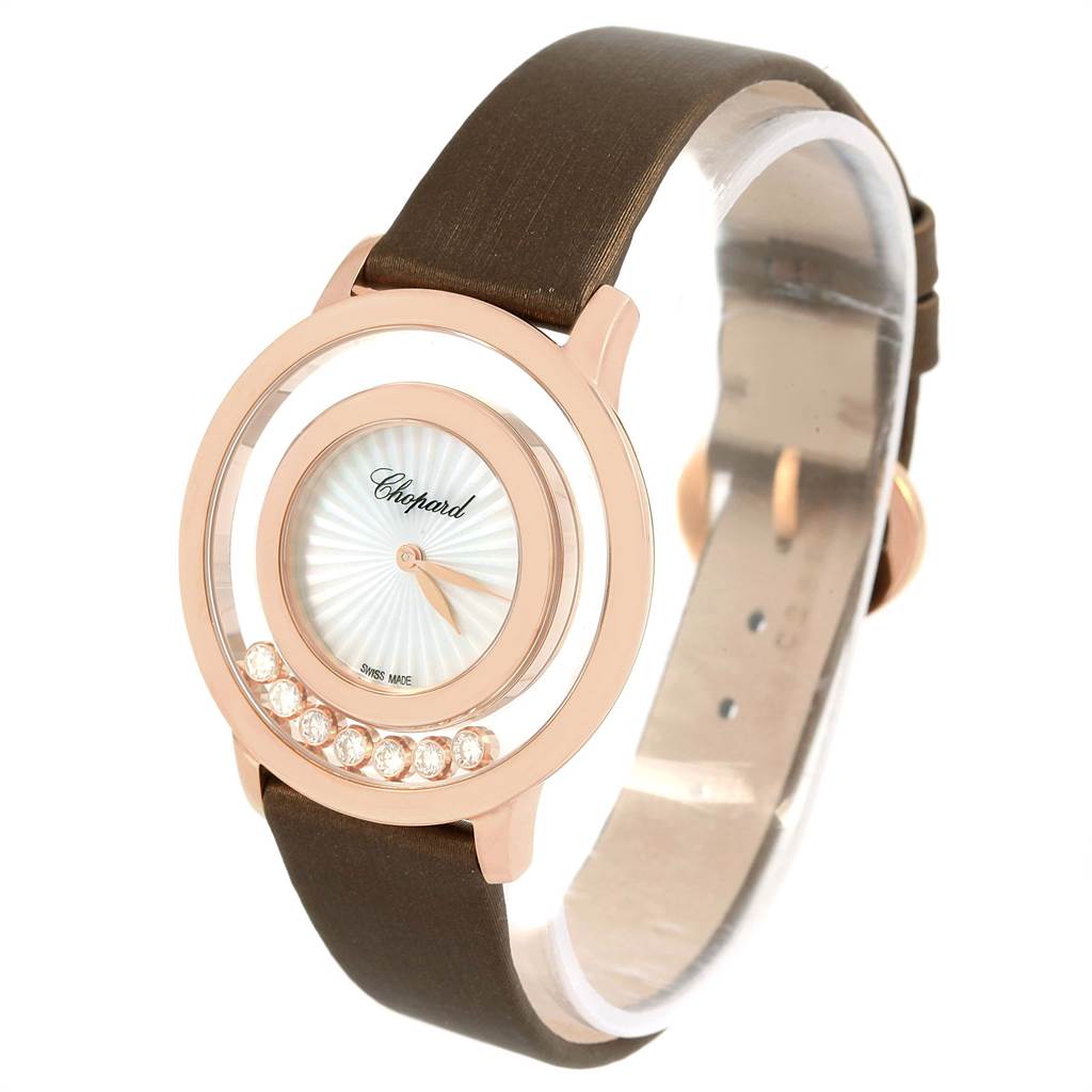 The Chopard 4596 Women's Rose Gold Mother of Pearl Dial 4596 Women's Rose Gold Mother of Pearl Dial Happy Diamond Rose Gold Floating Diamonds 4596 watch is shown at a slight angle, displaying the face, case, and strap.