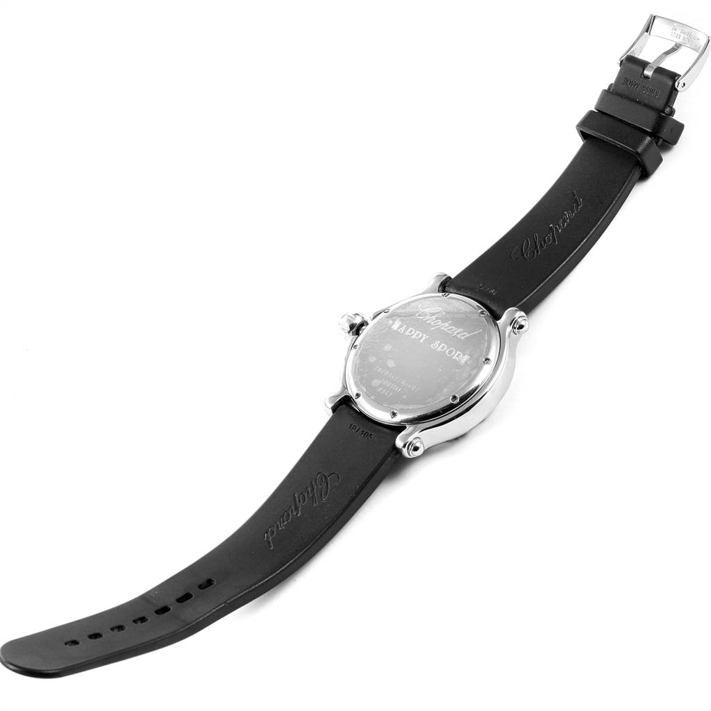 The image shows the back view of a Chopard 288347 Women's Stainless Steel Blue Dial 288347 Women's Stainless Steel Blue Dial Happy Beach Floating Rubi Sapphire Fish Ladies Watch 288347 with a black strap.