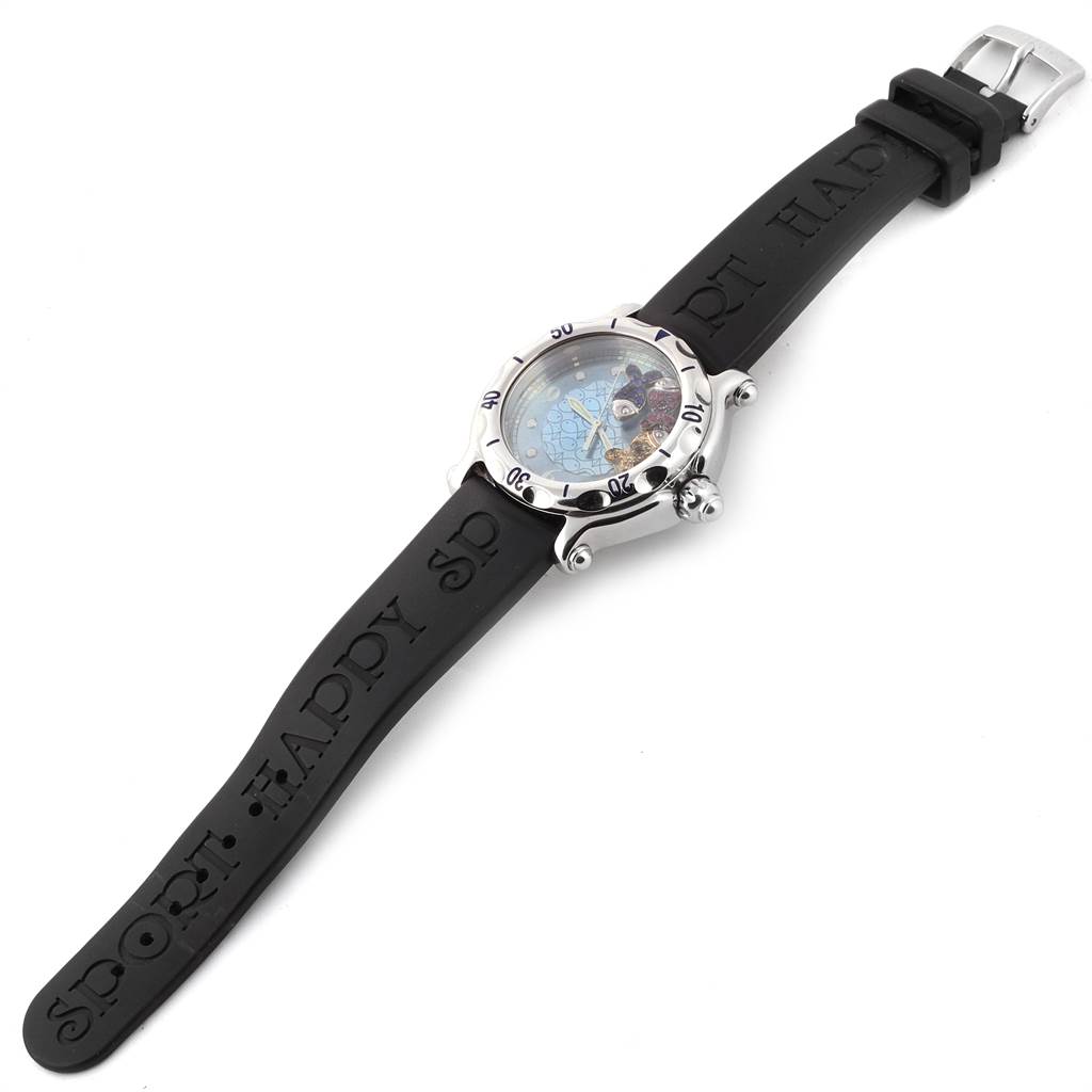 The Chopard 288347 Women's Stainless Steel Blue Dial 288347 Women's Stainless Steel Blue Dial Happy Beach Floating Rubi Sapphire Fish Ladies Watch 288347 is shown at an angled top-down view displaying the face, bezel, and strap.