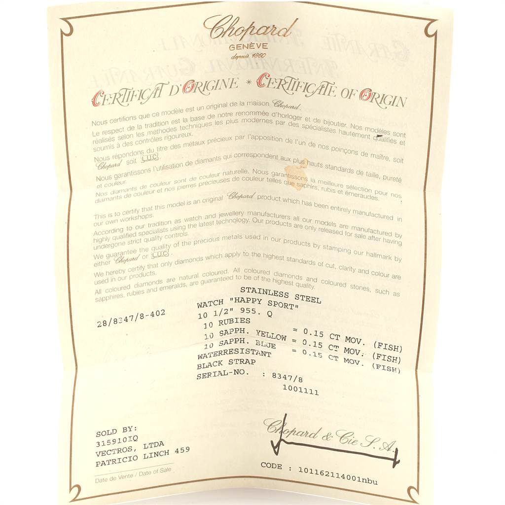 The image shows the certificate of origin for the Chopard 288347 Women's Stainless Steel Blue Dial 288347 Women's Stainless Steel Blue Dial Happy Beach Floating Rubi Sapphire Fish Ladies Watch 288347 model.