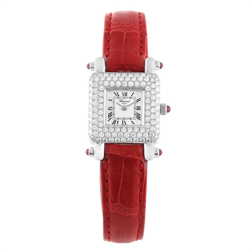 The Chopard 419-1 Women's White Gold White Dial 419-1 Women's White Gold White Dial Happy Sport 18K White Gold Diamond Ladies Watch 419-1 is shown from a front angle, highlighting its red strap and diamond-encrusted case.