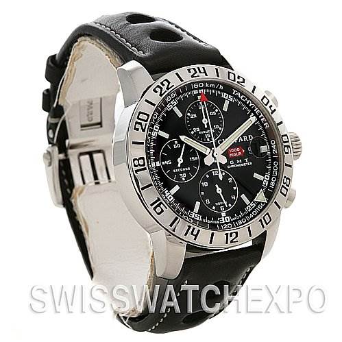 The image shows a Chopard Mille Miglia 168992-3001 Men's Stainless Steel Black Dial 168992-3001 Men's Stainless Steel Black Dial watch from a three-quarter angle, highlighting its black dial, bezel, and leather strap.