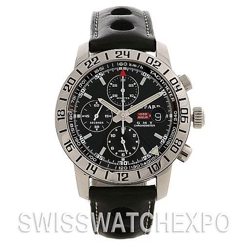 This image shows a frontal view of the Chopard Mille Miglia 168992-3001 Men's Stainless Steel Black Dial 168992-3001 Men's Stainless Steel Black Dial watch, displaying its dial, bezel, and strap.