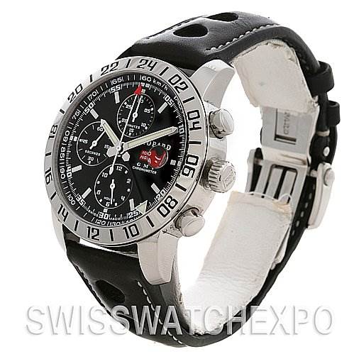 This Chopard Mille Miglia 168992-3001 Men's Stainless Steel Black Dial 168992-3001 Men's Stainless Steel Black Dial watch is shown at an angled side view, displaying the bezel, dial, chronograph buttons, and strap.